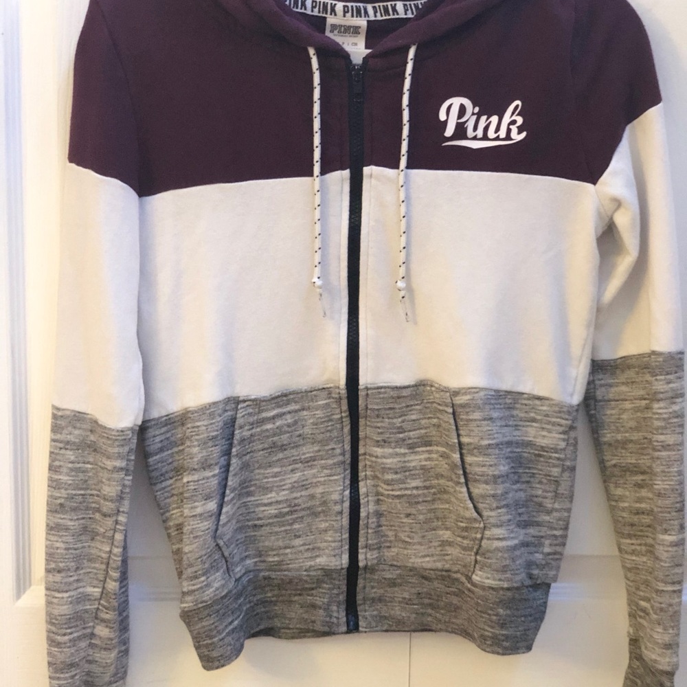 PINK zip hoodie. Maroon, white, grey. Hood letters